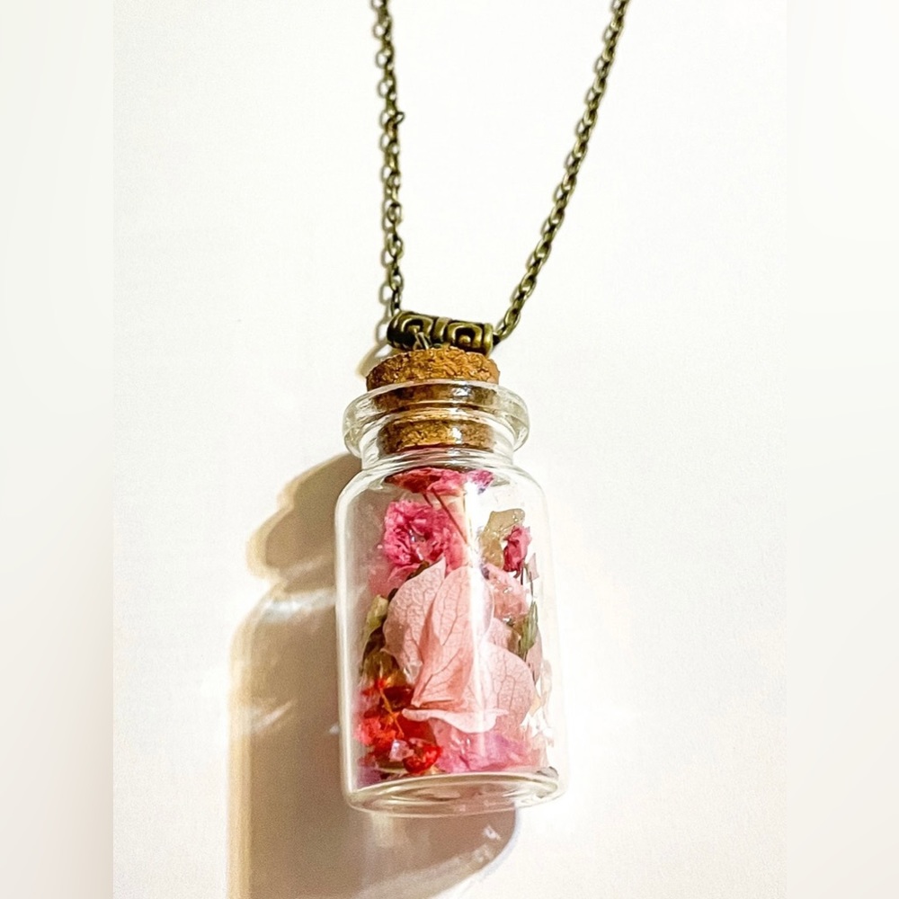 Pink Flower Glass Bottle Pendant Necklace